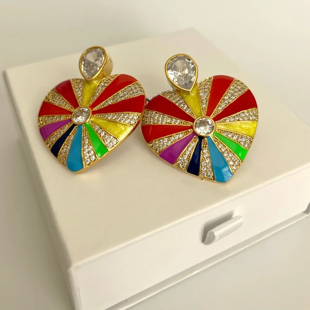 Heart Earrings 22k Gold Plated Enameled Handcrafted Jewelry - Picture 6 of 10
